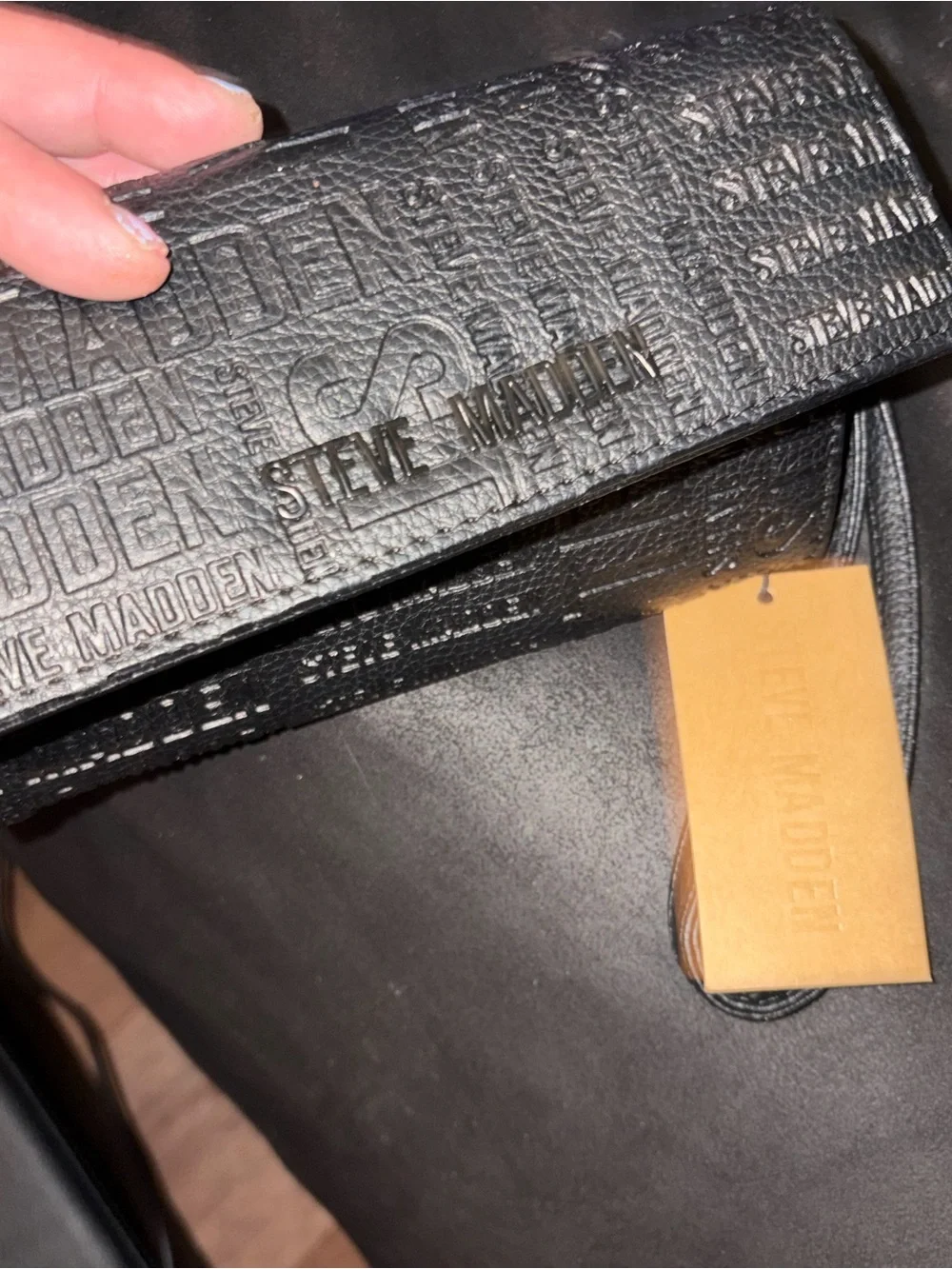 Steve Madden Black Embossed Logo Leather Crossbody Wallet